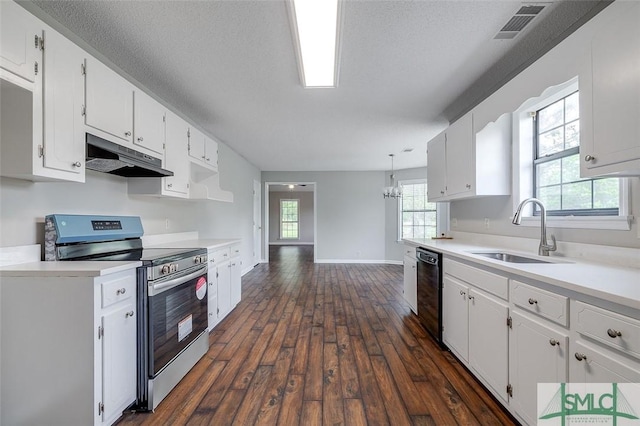 kitchen with black dishwasher, white cabinetry, under cabinet range hood, stainless steel electric stove, and a sink