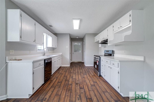 kitchen with a sink, dishwasher, dark wood finished floors, electric stove, and under cabinet range hood