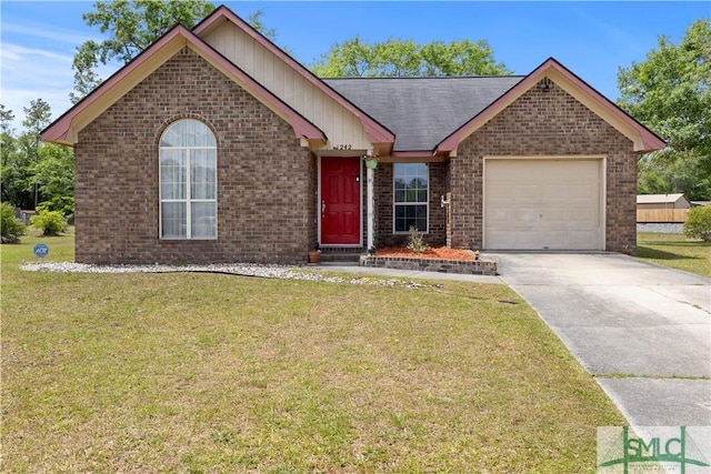 ranch-style home featuring brick siding, a garage, a front lawn, and driveway