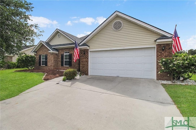169 Nandina Way, Pooler, GA 31322 - ranch-style house featuring a garage, a front yard, driveway, and brick siding
