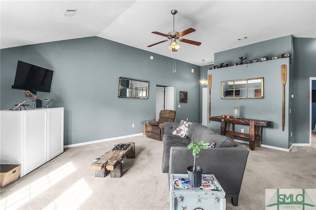169 Nandina Way, Pooler, GA 31322 - living room with carpet floors, a ceiling fan, baseboards, vaulted ceiling, and visible vents