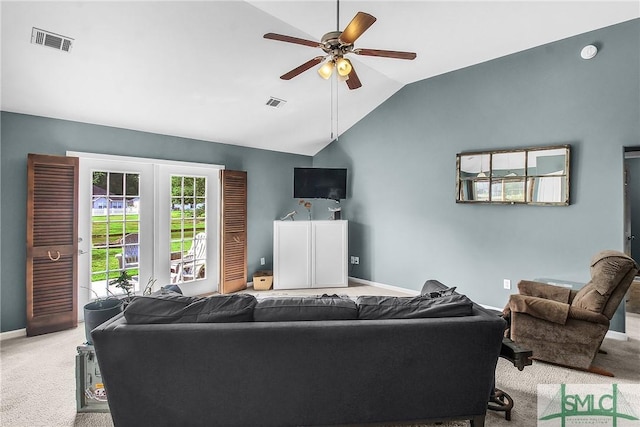 169 Nandina Way, Pooler, GA 31322 - living room with ceiling fan, light carpet, lofted ceiling, and visible vents
