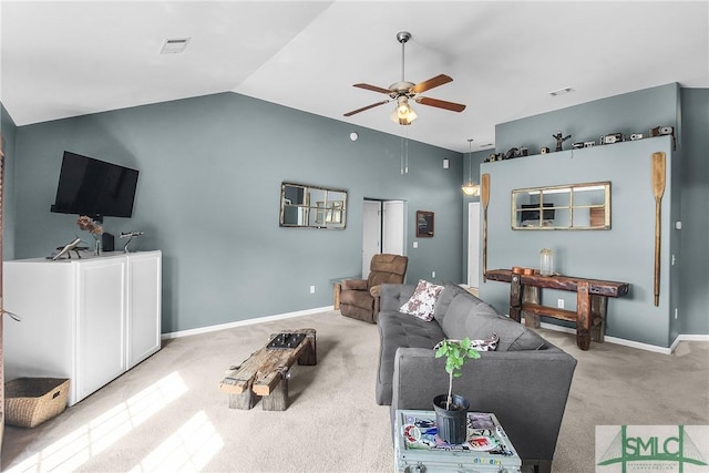 169 Nandina Way, Pooler, GA 31322 - living room with light colored carpet, visible vents, a ceiling fan, baseboards, and vaulted ceiling