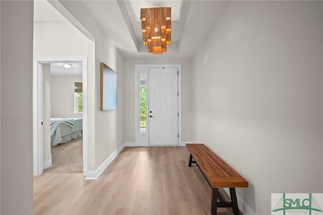 20 Serenity Pt, Savannah, GA 31419 - entrance foyer with baseboards, a tray ceiling, and light wood-style flooring