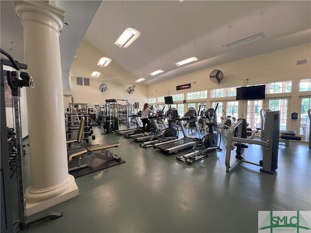 20 Serenity Pt, Savannah, GA 31419 - exercise room with high vaulted ceiling, plenty of natural light, decorative columns, and visible vents