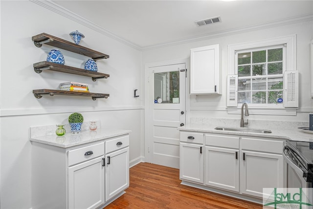 kitchen with crown molding, white cabinets, light stone countertops, a sink, and visible vents