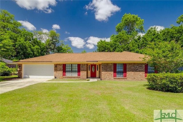 ranch-style house featuring brick siding, an attached garage, driveway, and a front lawn