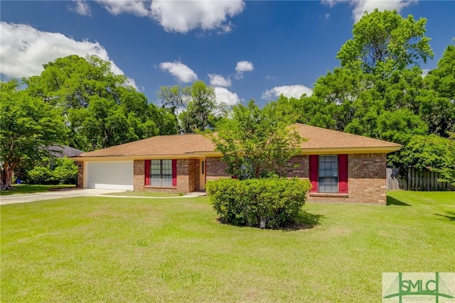 ranch-style house featuring fence, an attached garage, brick siding, a front yard, and driveway