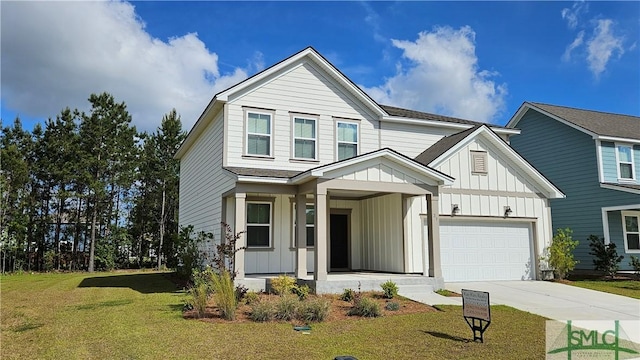 view of front of house featuring board and batten siding, driveway, a porch, and a front lawn