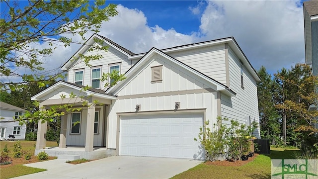 view of front of house featuring a garage, board and batten siding, a porch, concrete driveway, and cooling unit