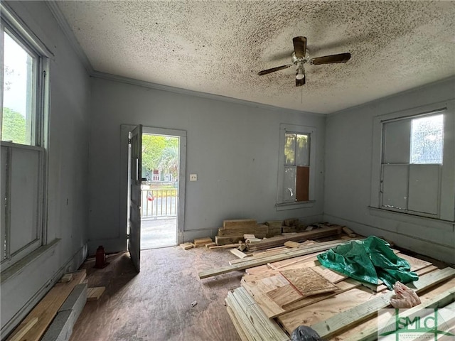 misc room with a textured ceiling, ceiling fan, plenty of natural light, and wood finished floors