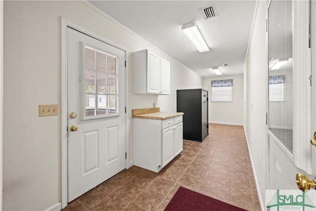 interior space with a textured ceiling, visible vents, light countertops, baseboards, and white cabinets