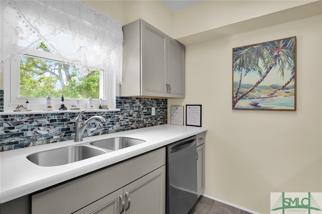 106 Pelican Ct, Tybee Island, GA 31328 - kitchen featuring a sink, light countertops, tasteful backsplash, stainless steel dishwasher, and gray cabinetry