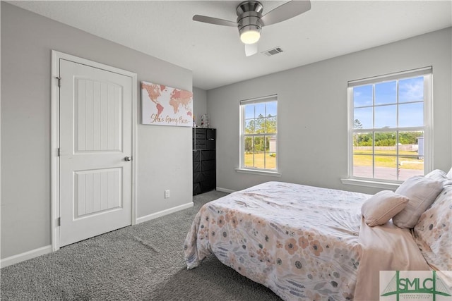 63 Springer Cir, Ludowici, GA 31316 - bedroom with baseboards, carpet flooring, a ceiling fan, and visible vents