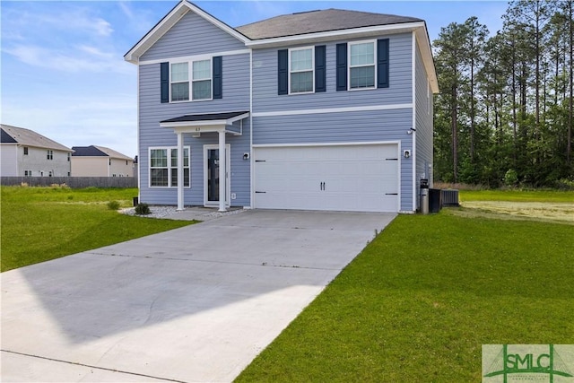 63 Springer Cir, Ludowici, GA 31316 - traditional-style home featuring an attached garage, concrete driveway, a front lawn, and cooling unit