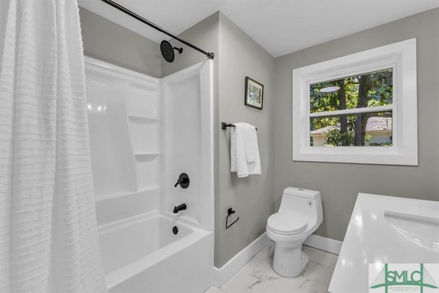 1107 E Derenne Ave, Savannah, GA 31406 - full bathroom featuring baseboards, marble finish floor, shower / bath combination with curtain, and toilet