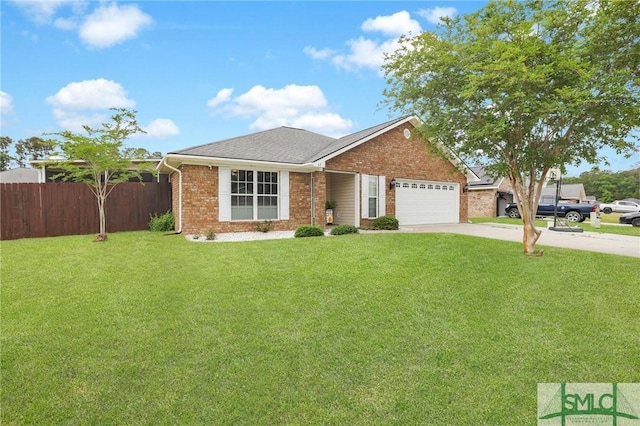ranch-style home featuring fence, a front lawn, brick siding, a garage, and driveway