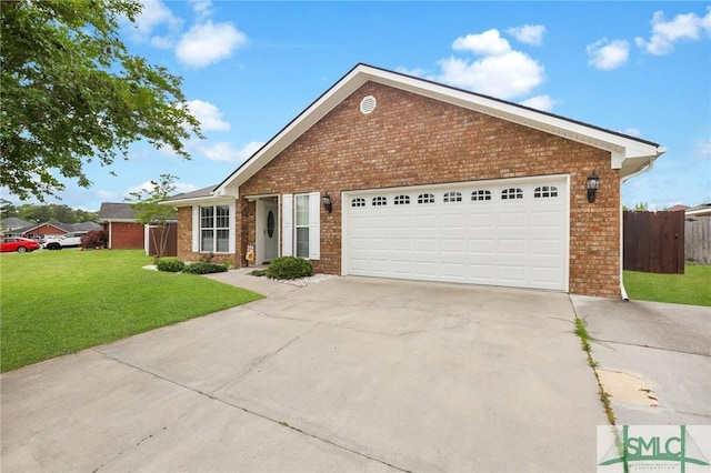 ranch-style home featuring fence, a front lawn, brick siding, a garage, and driveway