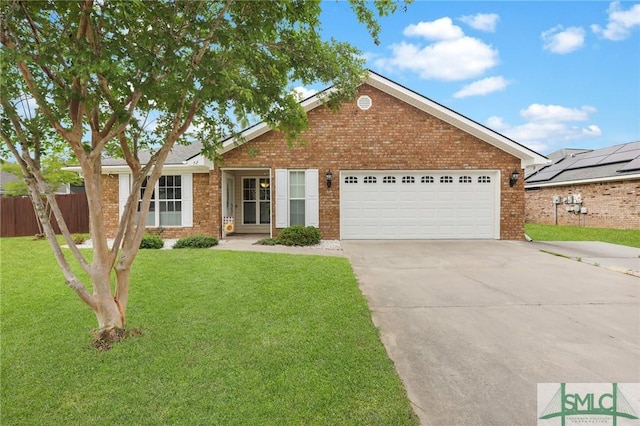 single story home with a front yard, brick siding, fence, concrete driveway, and an attached garage