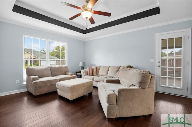 living room featuring ornamental molding, baseboards, ceiling fan, dark wood-type flooring, and a raised ceiling