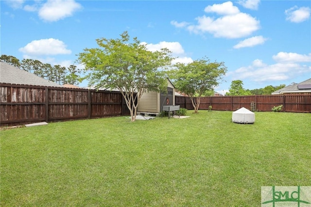 view of yard featuring a storage unit, a fenced backyard, and an outdoor structure