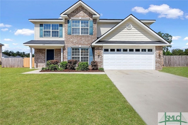 view of front of house featuring brick siding, a front lawn, fence, and concrete driveway