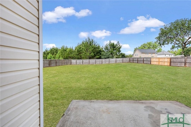 view of yard with a fenced backyard and a patio