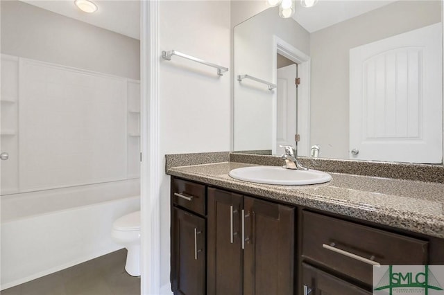 bathroom with toilet, shower / bath combination, and vanity