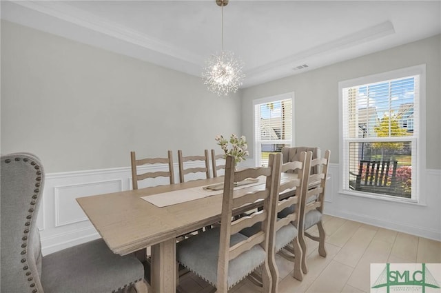 130 Canter Ct, Savannah, GA 31406 - dining space featuring a chandelier, a wainscoted wall, a decorative wall, and a tray ceiling