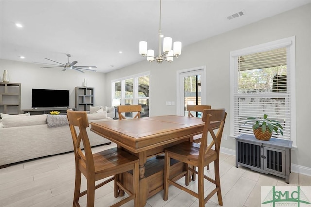 130 Canter Ct, Savannah, GA 31406 - dining room with baseboards, a chandelier, recessed lighting, and a ceiling fan