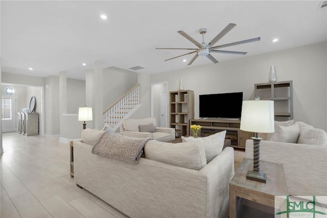 130 Canter Ct, Savannah, GA 31406 - living area featuring ceiling fan, stairs, recessed lighting, and light wood finished floors