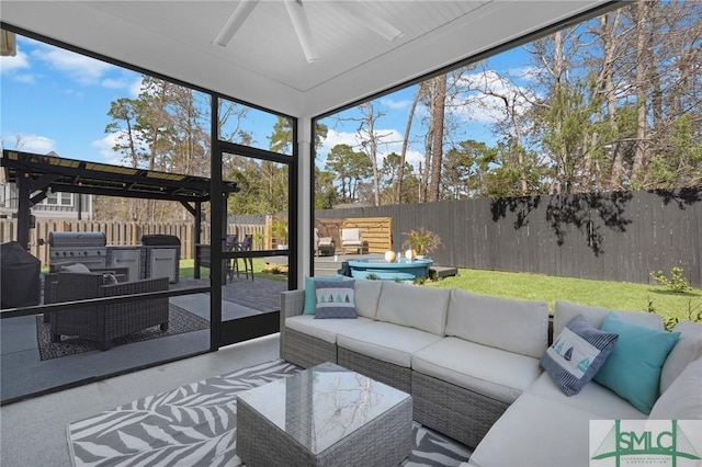 130 Canter Ct, Savannah, GA 31406 - sunroom / solarium featuring an outdoor hangout area, area for grilling, and ceiling fan
