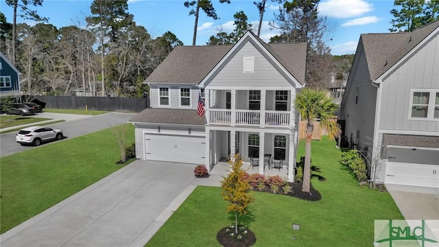 130 Canter Ct, Savannah, GA 31406 - view of front facade with concrete driveway, a balcony, an attached garage, and a shingled roof
