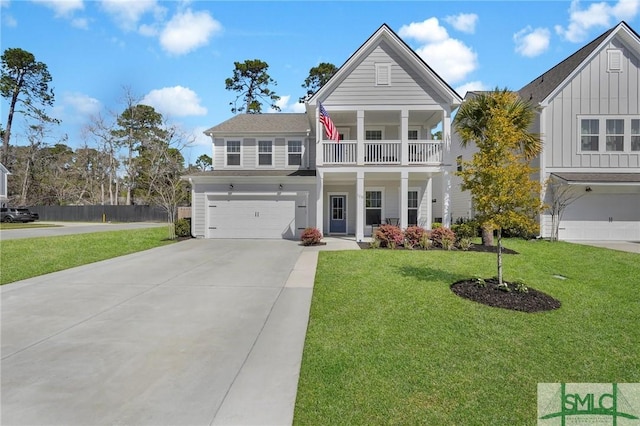 130 Canter Ct, Savannah, GA 31406 - neoclassical / greek revival house featuring board and batten siding, concrete driveway, a garage, a front yard, and a balcony