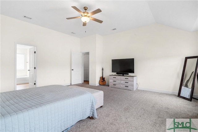 bedroom featuring visible vents, carpet, baseboards, and vaulted ceiling