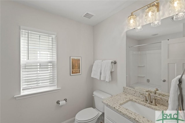 bathroom featuring visible vents, vanity, a shower, toilet, and baseboards