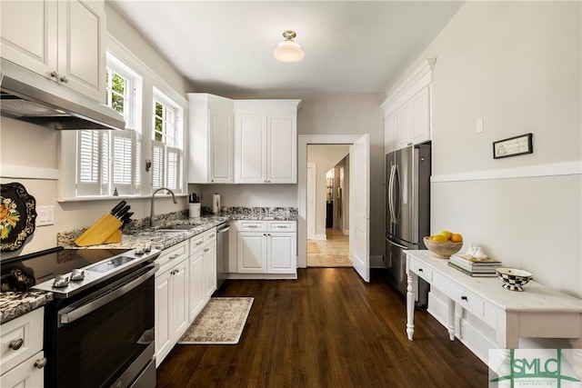 kitchen featuring appliances with stainless steel finishes, a sink, white cabinets, dark wood-style floors, and under cabinet range hood