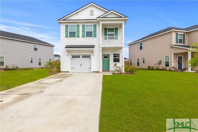 227 Flagler Dr, Savannah, GA 31419 - view of front of home with board and batten siding, a garage, a balcony, a front lawn, and concrete driveway