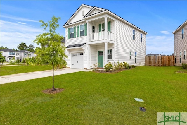 227 Flagler Dr, Savannah, GA 31419 - traditional-style house with fence, an attached garage, a front lawn, a balcony, and driveway