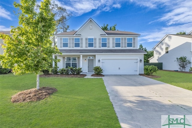 95 Wando View Way, Richmond Hill, GA 31324 - view of front of home with a garage, fence, a front lawn, concrete driveway, and a shingled roof