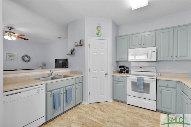 777 King George Blvd Unit 57, Savannah, GA 31419 - kitchen with white appliances, a sink, light countertops, a ceiling fan, and gray cabinets