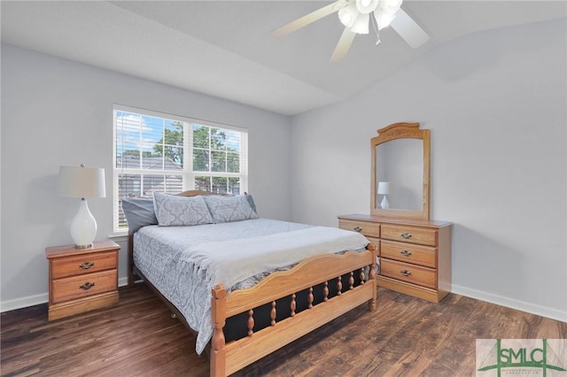 777 King George Blvd Unit 57, Savannah, GA 31419 - bedroom featuring vaulted ceiling, dark wood-style floors, baseboards, and a ceiling fan