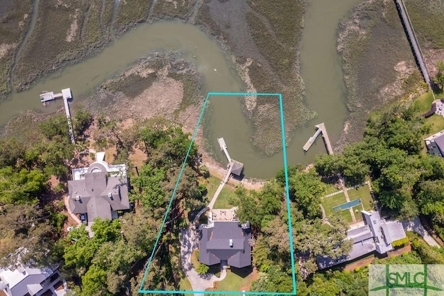 drone / aerial view featuring a water view