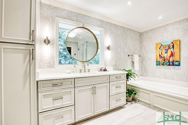 bathroom featuring vanity, crown molding, tile patterned flooring, a garden tub, and wallpapered walls