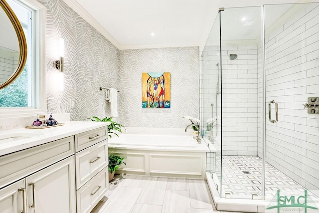 16 Modena Island Dr, Savannah, GA 31411 - bathroom featuring vanity, a bath, a stall shower, ornamental molding, and wallpapered walls