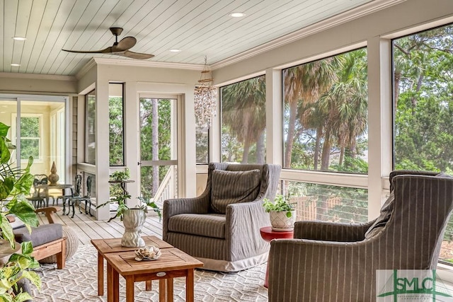 16 Modena Island Dr, Savannah, GA 31411 - sunroom / solarium featuring a ceiling fan, wooden ceiling, ornamental molding, and an outdoor hangout area