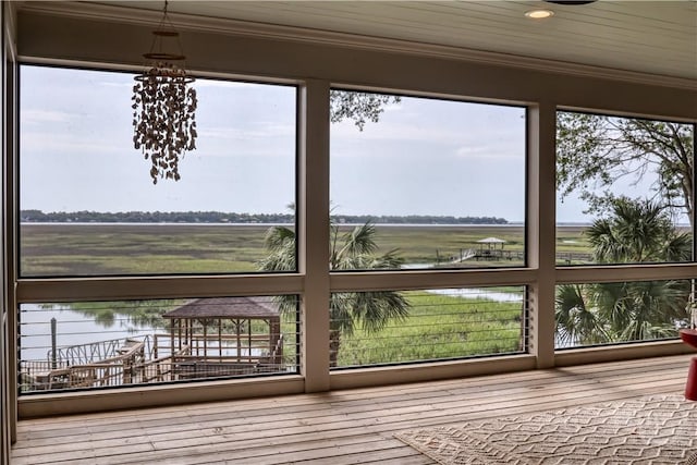 16 Modena Island Dr, Savannah, GA 31411 - unfurnished sunroom with a chandelier, a view of countryside, and a water view