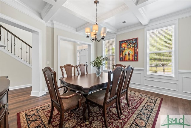 dining room with a notable chandelier, dark wood finished floors, a wealth of natural light, and coffered ceiling