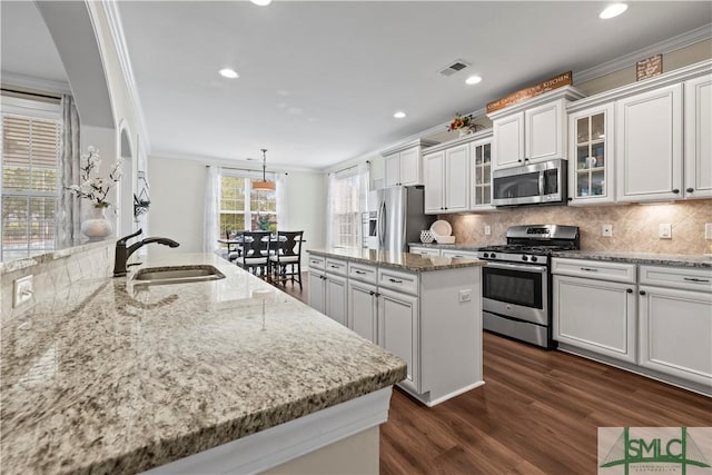 kitchen with appliances with stainless steel finishes, a sink, a kitchen island, visible vents, and ornamental molding