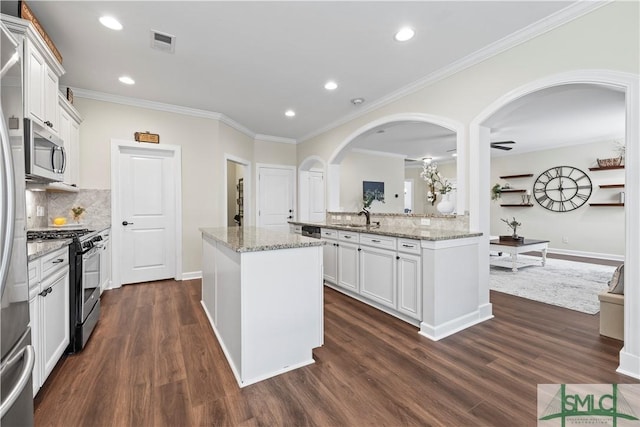 kitchen featuring decorative backsplash, a kitchen island, visible vents, stainless steel appliances, and dark wood-type flooring